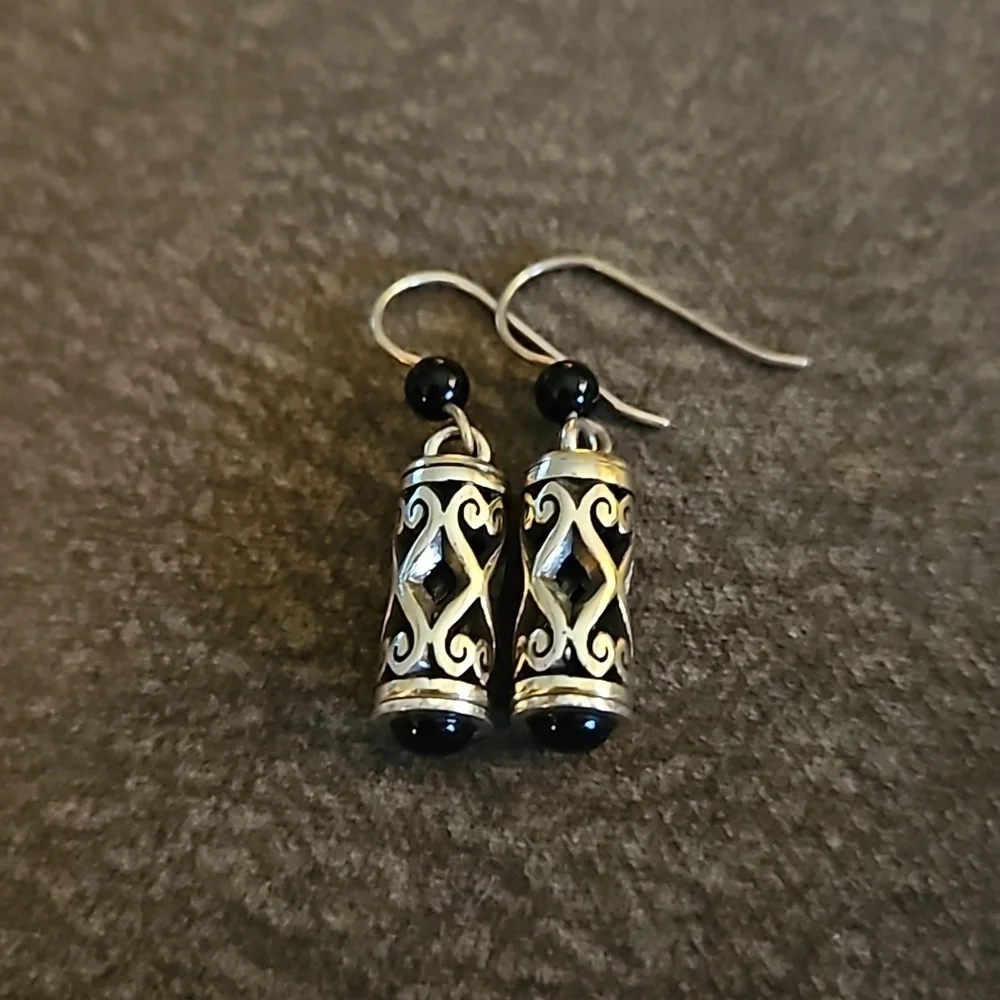 BRIGHTON Silver Plated Barrel Scroll Beaded Dangle Hook Earrings